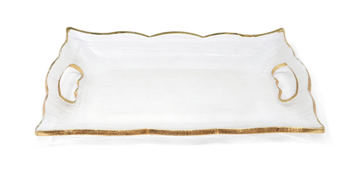 VIVIENCE - Rectangular Glass Tray with Handles and Gold Rim