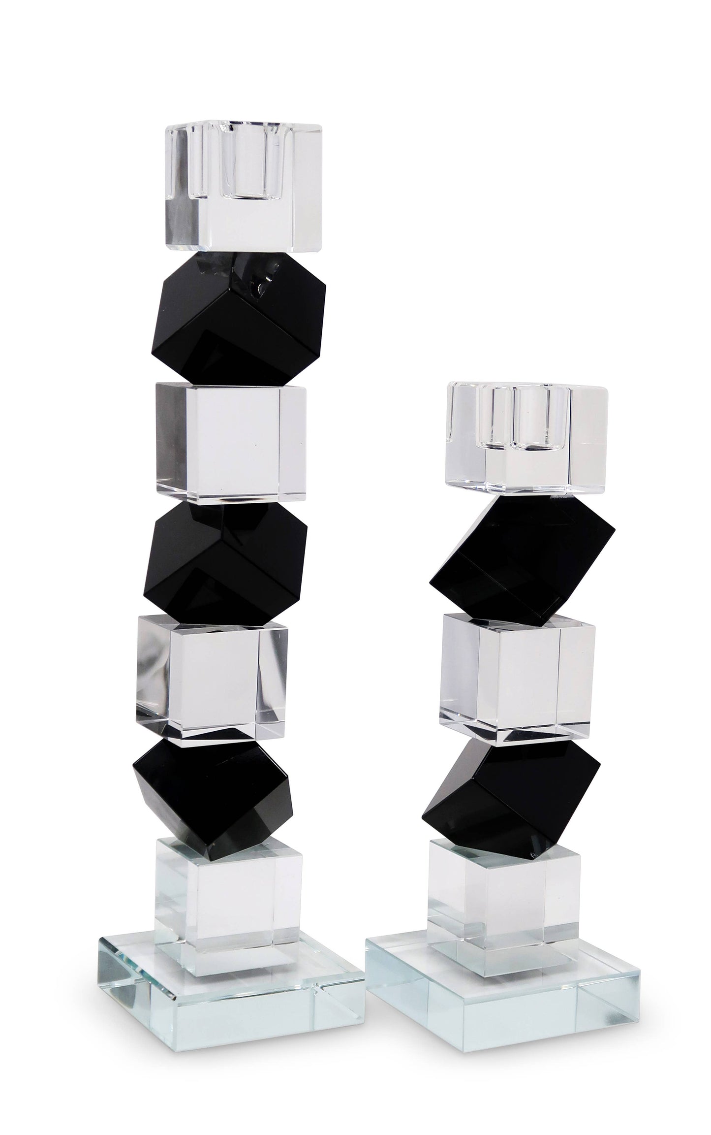 VIVIENCE - Crystal Candlestick w Black & Clear Block Design: Large
