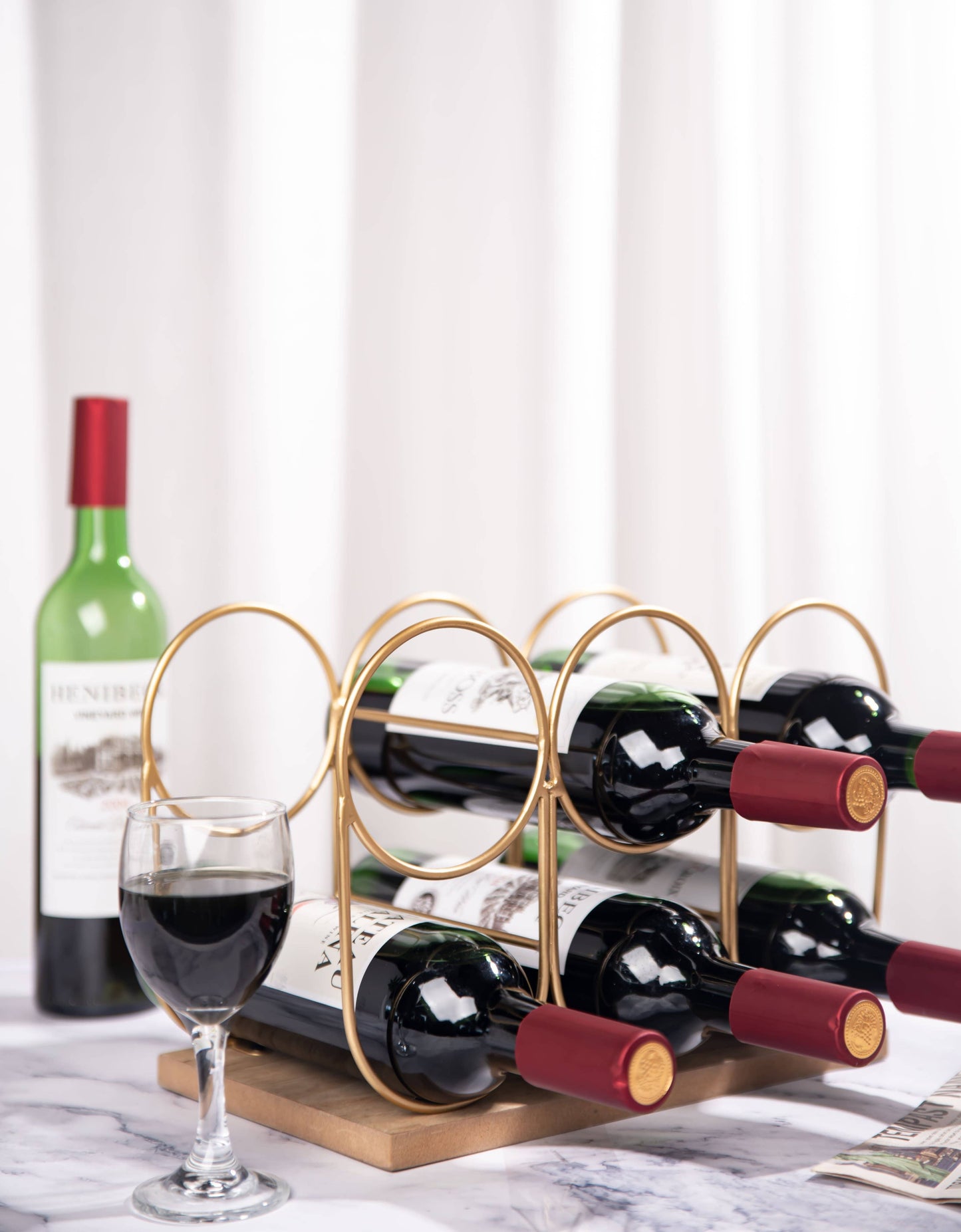 DesignStyles Home - Wooden Base Metal Gold Color Wine Rack