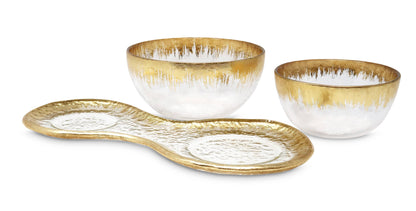 VIVIENCE - 2 Bowl Relish Dish on Tray with Gold Design