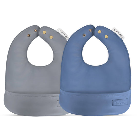 Bleu La La - Set of Soft Vegan Leather Easy Clean Bibs 0-12 Months: Steel Blue & Grey