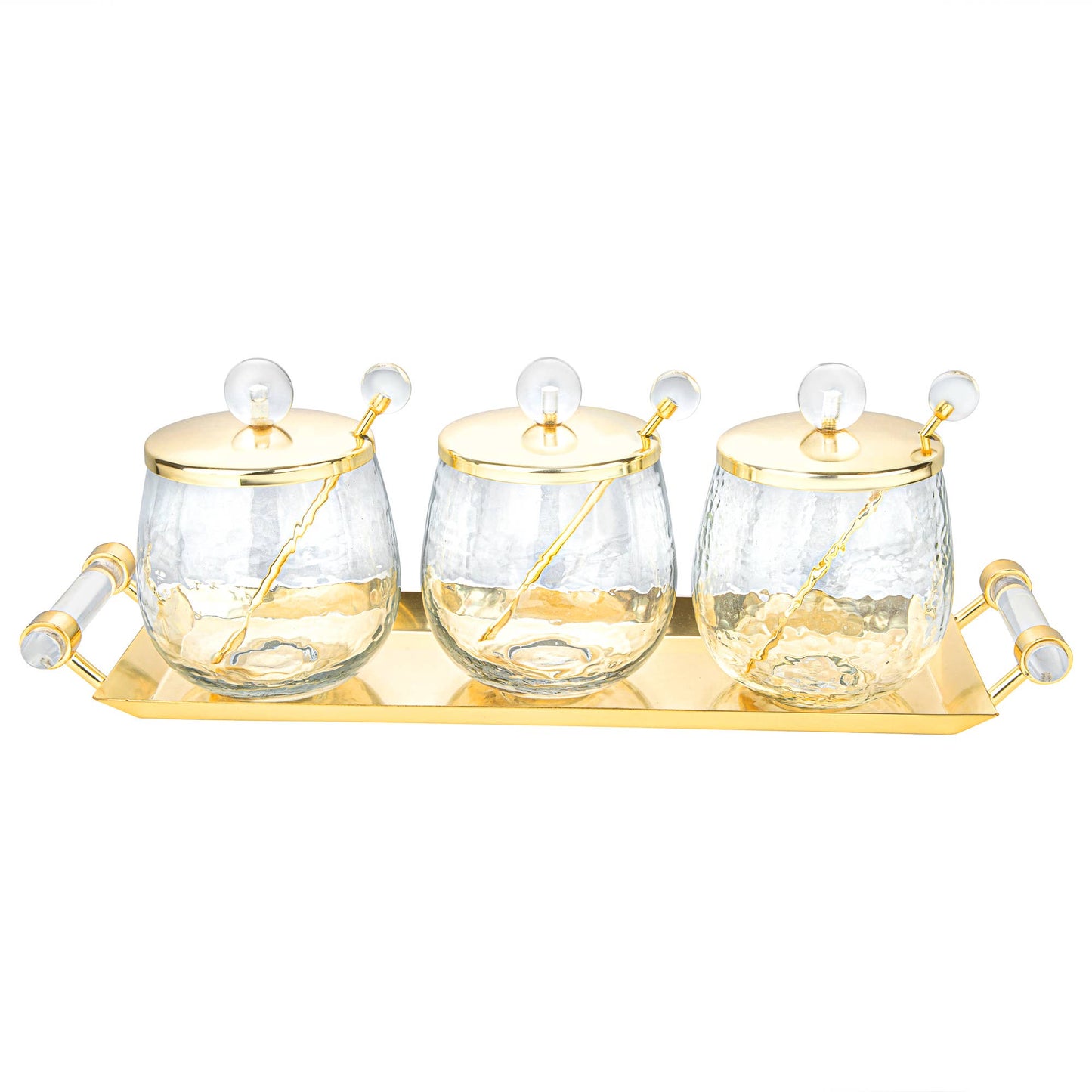 VIVIENCE - 3 Canisters on Rectangle Tray with with Clear Ball Knobs: Gold
