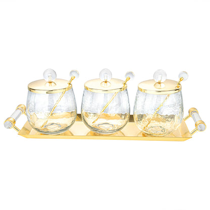 VIVIENCE - 3 Canisters on Rectangle Tray with with Clear Ball Knobs: Gold