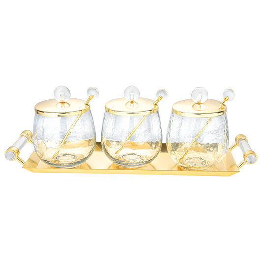 VIVIENCE - 3 Canisters on Rectangle Tray with with Clear Ball Knobs: Gold