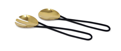 VIVIENCE - Set of 2 Gold Salad Servers with Black Loop Handles