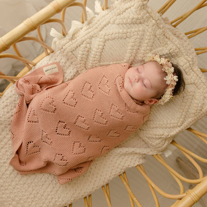 Bleu La La - 100% Luxury Cotton Receiving Swaddle Baby Blanket - Heart: Pink