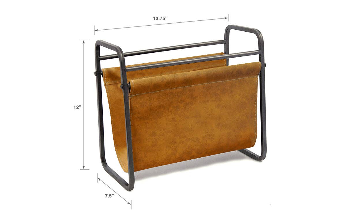 DesignStyles Home - Free Standing Metal Camel Brown Leather Magazine Holder