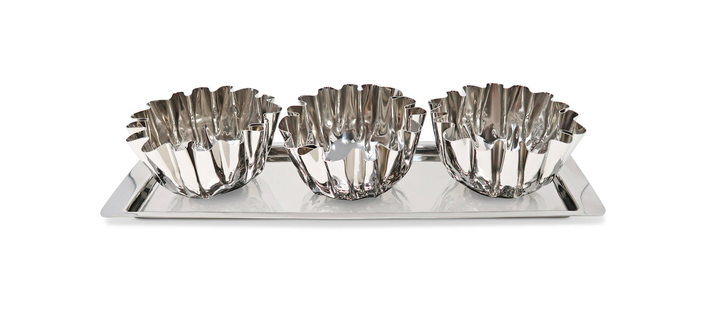 VIVIENCE - 3 Bowl Stainless Steel Relish Dish on Tray, 17.25"L