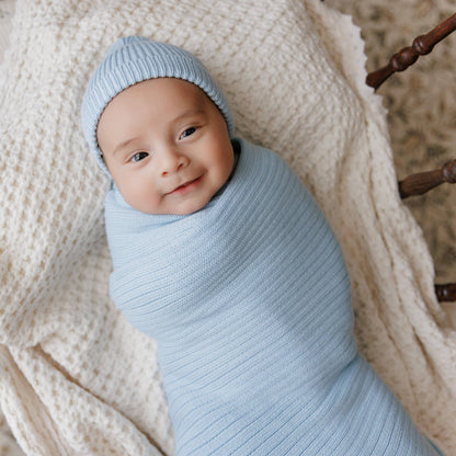 Bleu La La - 100% Luxury Organic Cotton Ribbed Baby Swaddle Blanket: Sky Blue