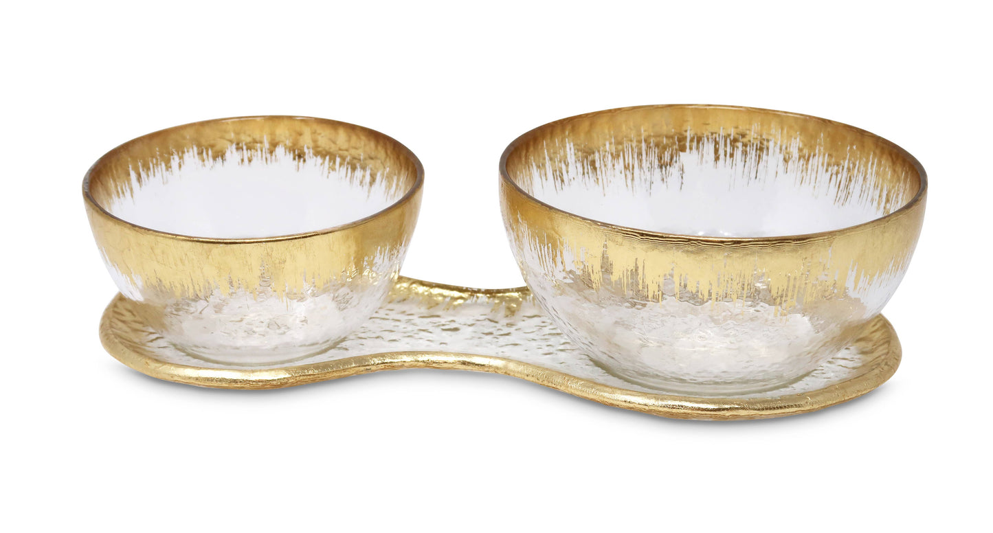 VIVIENCE - 2 Bowl Relish Dish on Tray with Gold Design