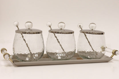 VIVIENCE - 3 Canisters on Rectangle Tray with with Clear Ball Knobs: Gold