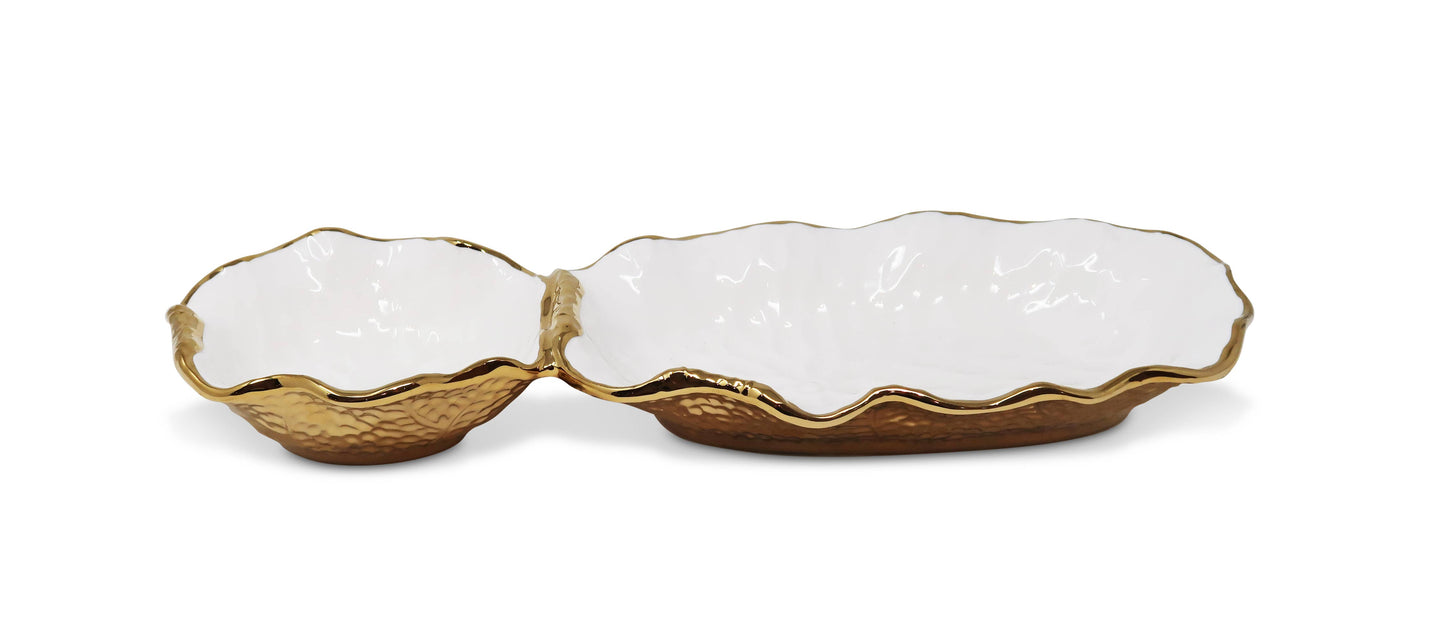VIVIENCE - Hammered 2 Bowl Relish Dish Bone China with Gold Scalloped