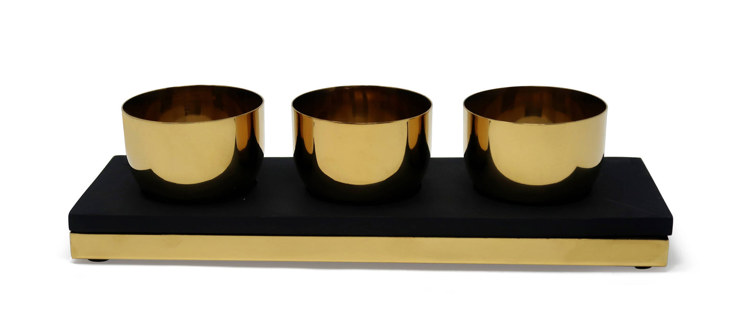VIVIENCE - Gold 3 Bowl Relish Dish with Black Tray
