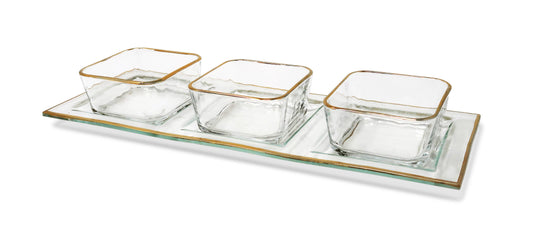 VIVIENCE - Glass 3 Bowl Relish Dish With Gold Rim