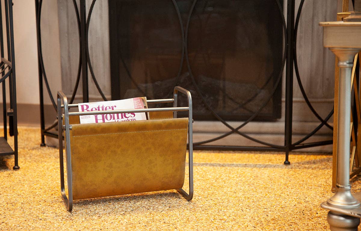 DesignStyles Home - Free Standing Metal Camel Brown Leather Magazine Holder