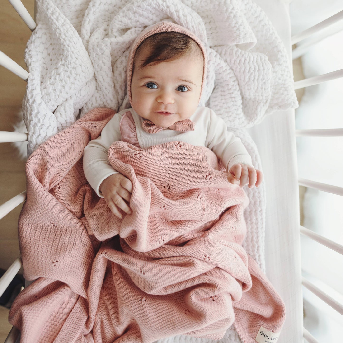 Bleu La La - Organic Cotton Luxury Organic Blanket + Bonnet Hat Set: Pink