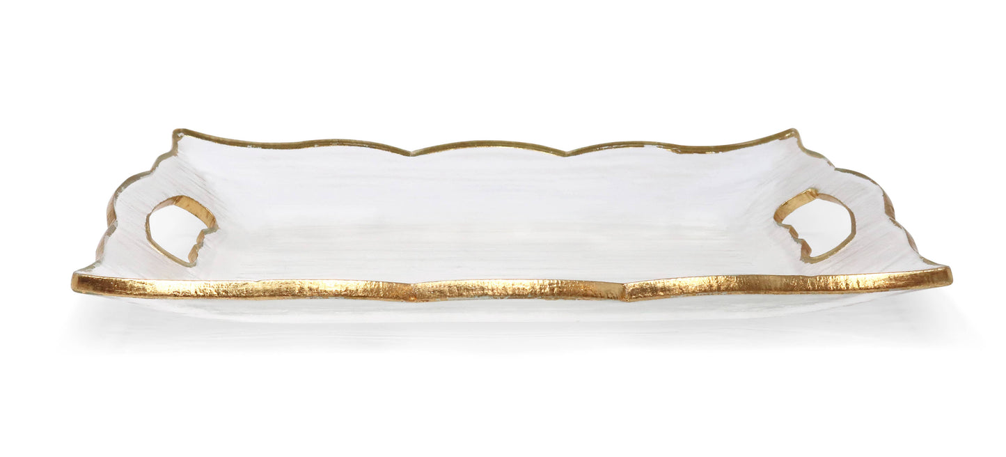 VIVIENCE - Rectangular Glass Tray with Handles and Gold Rim