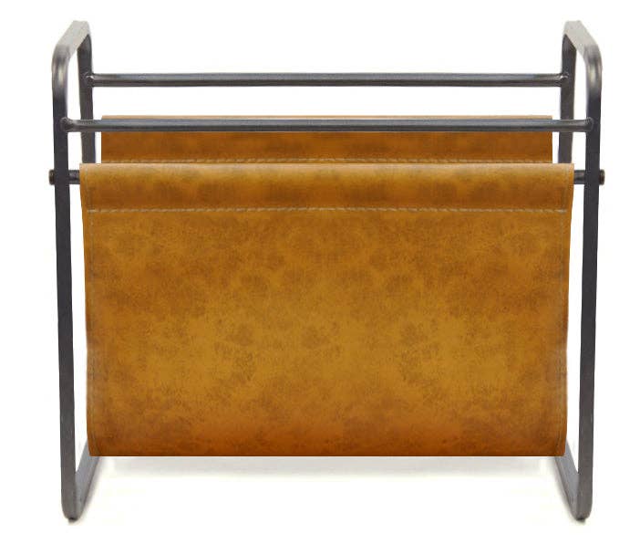 DesignStyles Home - Free Standing Metal Camel Brown Leather Magazine Holder