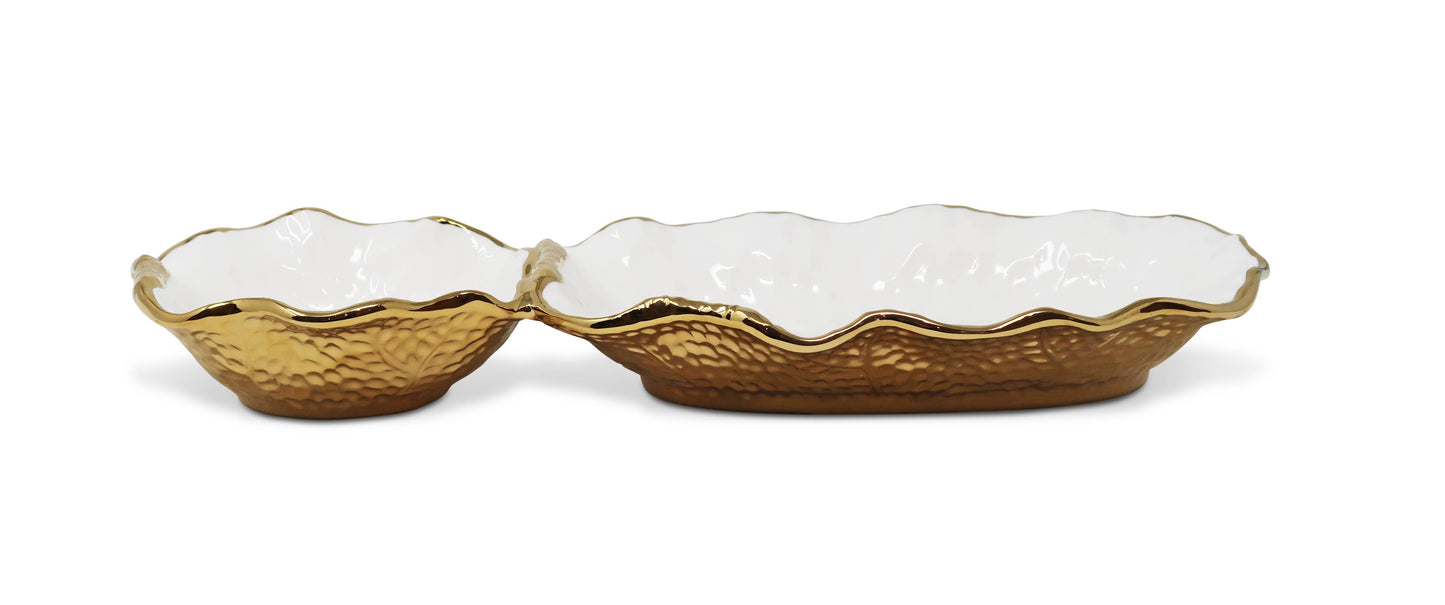 VIVIENCE - Hammered 2 Bowl Relish Dish Bone China with Gold Scalloped