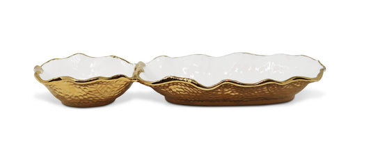 VIVIENCE - Hammered 2 Bowl Relish Dish Bone China with Gold Scalloped