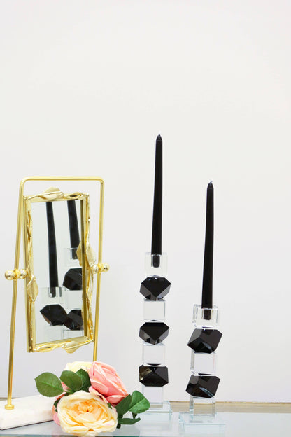 VIVIENCE - Crystal Candlestick w Black & Clear Block Design: Large