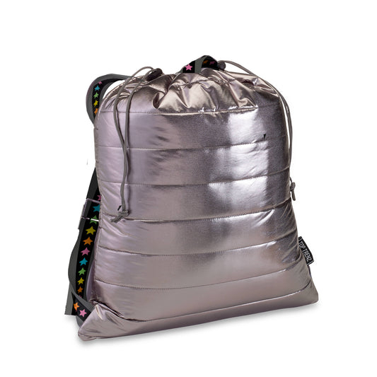 Top Trenz Inc - Gunmetal Puffer Sling Bag Multi Star Straps