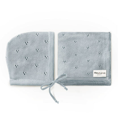 Bleu La La - 100% Organic Cotton Luxury Organic Blanket + Bonnet Hat Set: Blue