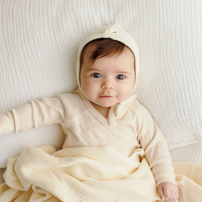 Bleu La La - 100% Organic Cotton Luxury Organic Blanket + Bonnet Hat Set: Beige