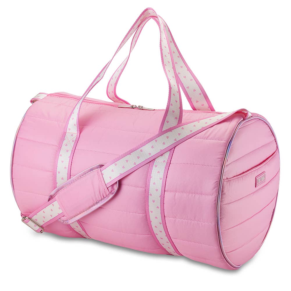 Top Trenz Inc - Pink Puffer Duffle Bag with Heart Stripe Strap