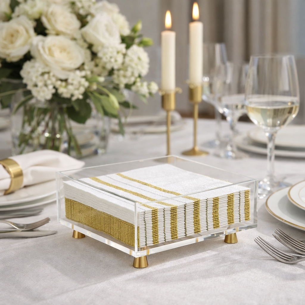 Krifts Products - Acrylic  Square Napkin Holder on Gold Legs: Gold