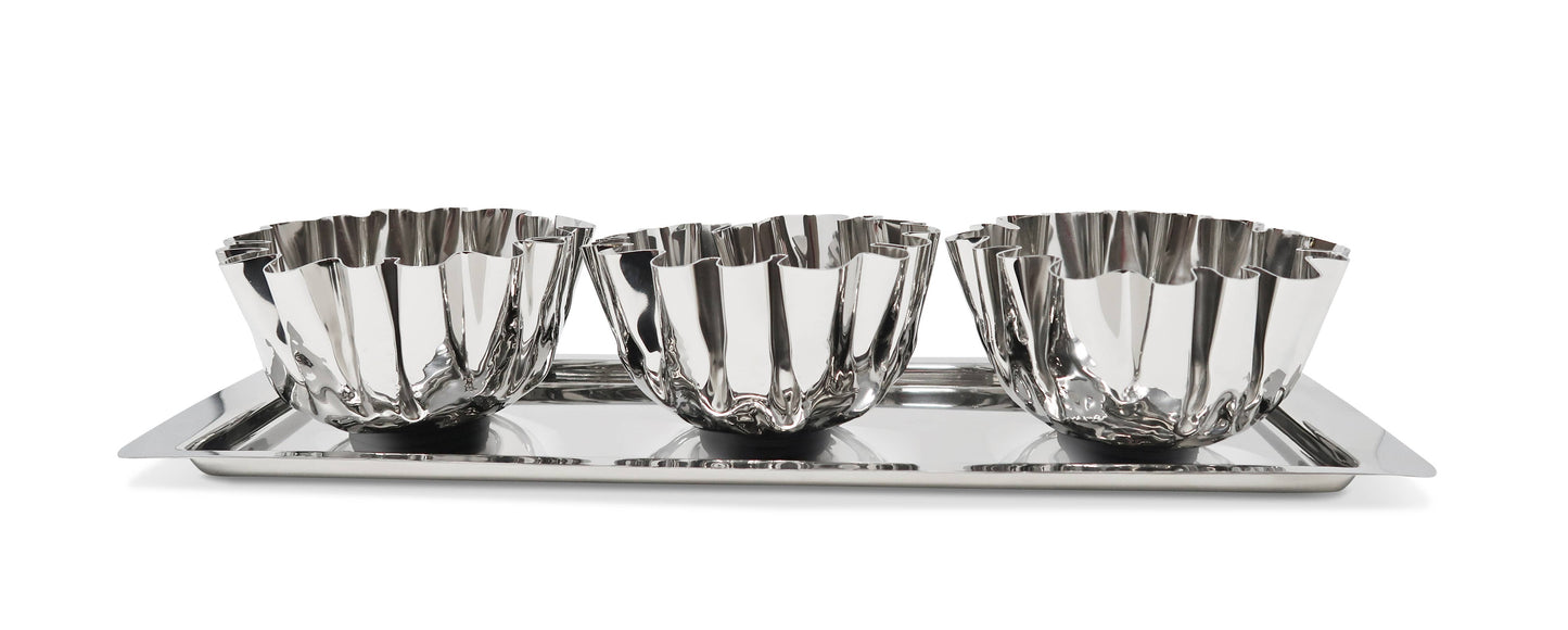 VIVIENCE - 3 Bowl Stainless Steel Relish Dish on Tray, 17.25"L