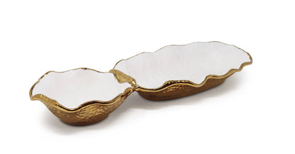 VIVIENCE - Hammered 2 Bowl Relish Dish Bone China with Gold Scalloped