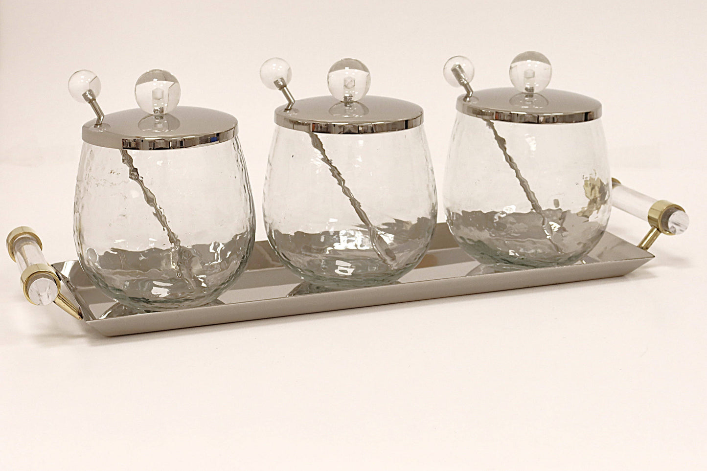 VIVIENCE - 3 Canisters on Rectangle Tray with with Clear Ball Knobs: Gold