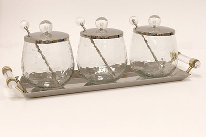 VIVIENCE - 3 Canisters on Rectangle Tray with with Clear Ball Knobs: Gold
