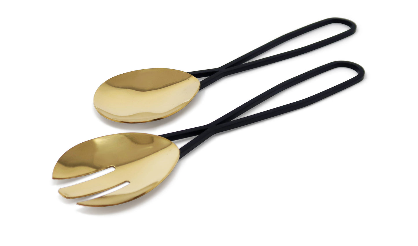 VIVIENCE - Set of 2 Gold Salad Servers with Black Loop Handles