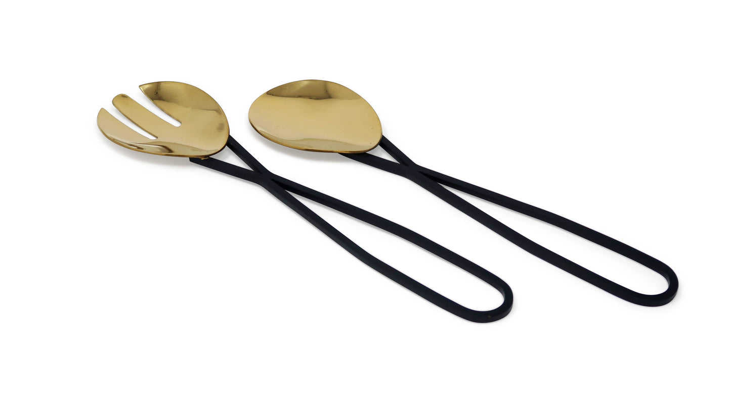 VIVIENCE - Set of 2 Gold Salad Servers with Black Loop Handles