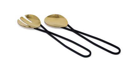 VIVIENCE - Set of 2 Gold Salad Servers with Black Loop Handles
