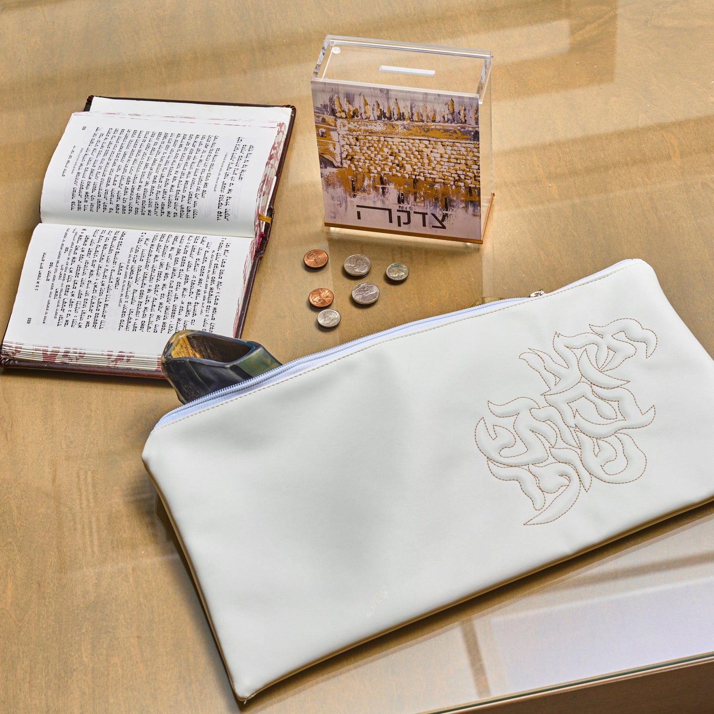 Waterdale Collection - Leather Pillow Script Shofar Bag: Gold
