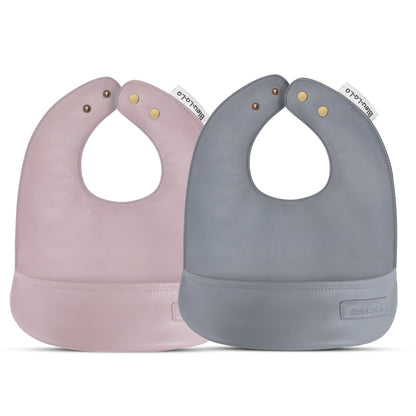 Bleu La La - Set of Soft Vegan Leather Easy Clean Bibs 0-12 Months: Steel Blue & Grey