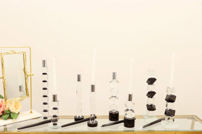 VIVIENCE - Crystal Candlestick w Black & Clear Block Design: Large
