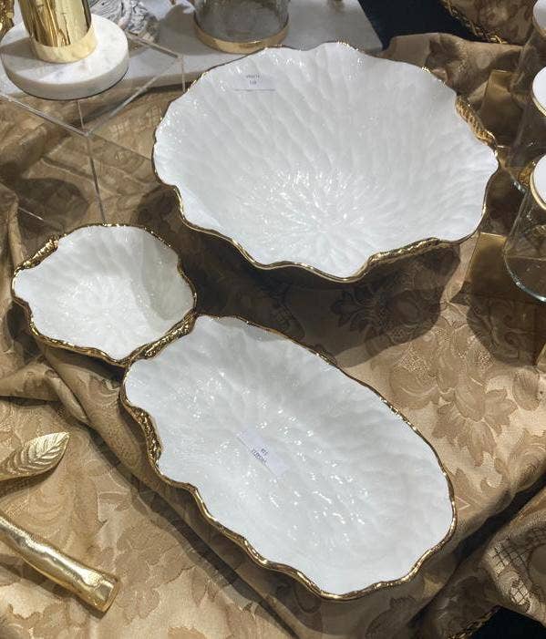 VIVIENCE - Hammered 2 Bowl Relish Dish Bone China with Gold Scalloped